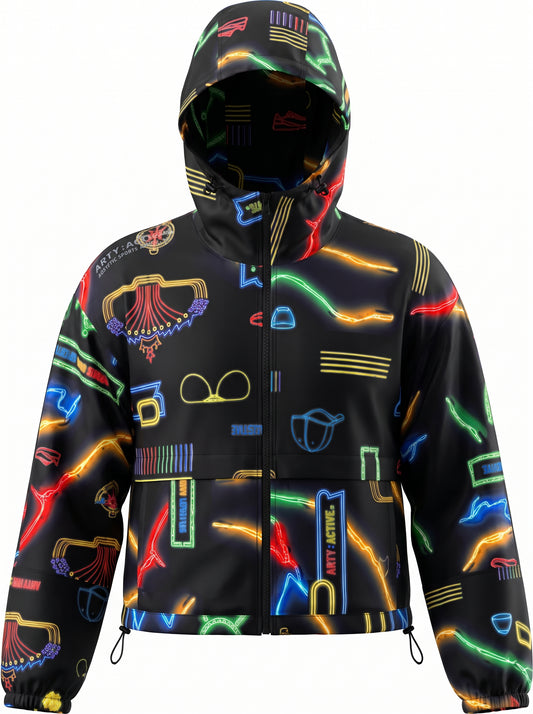 "Neon Glow Graphic" Cropped Windbreaker / Women